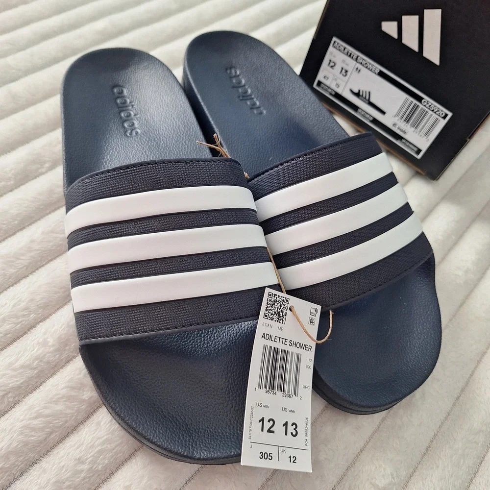 Adidas Mens Adilette Shower Slides Sandals 12 Navy Wht Striped Causal Athleisure